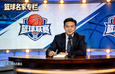 篮球专家在演播室录制名家专栏节目的配图